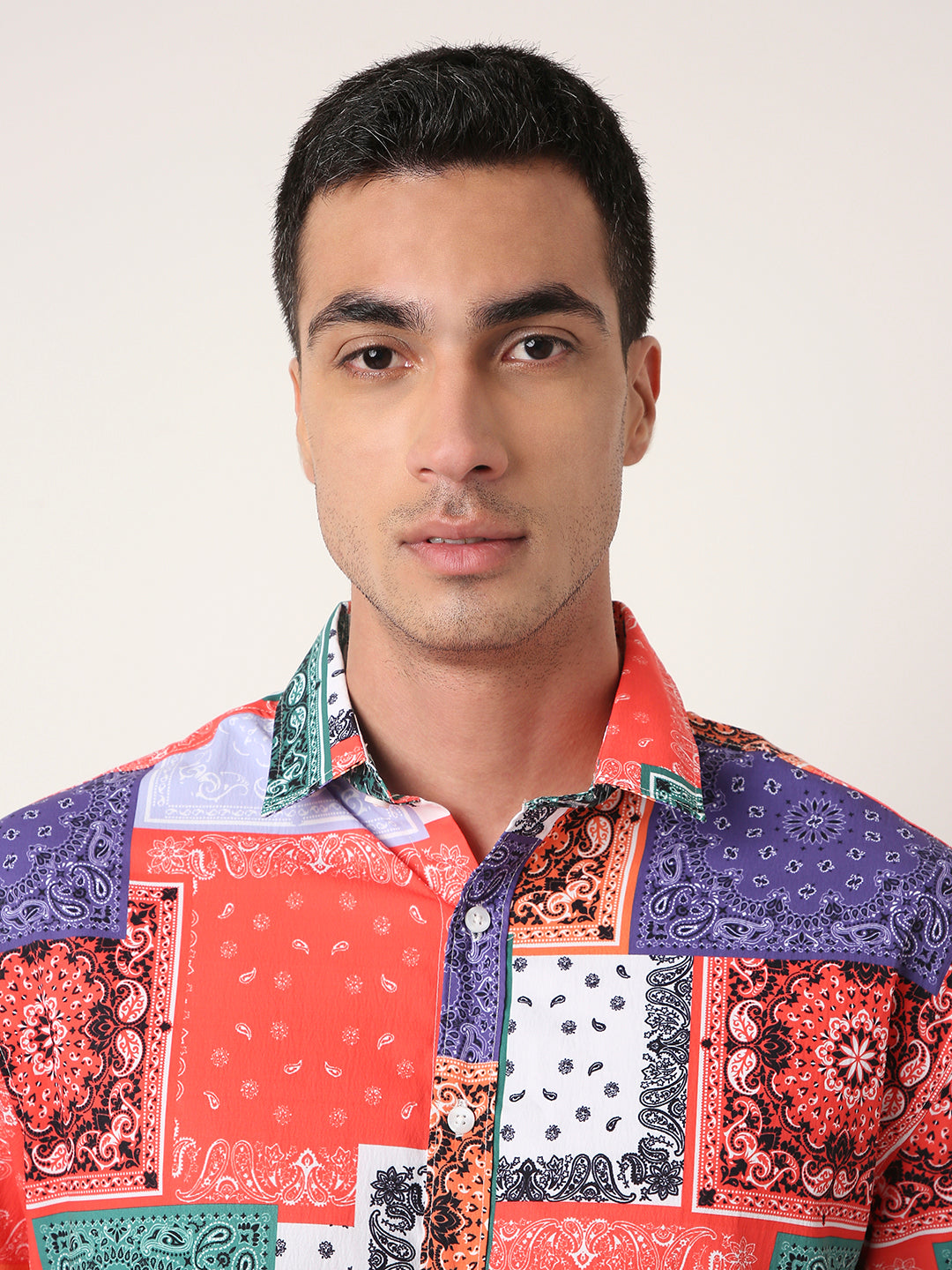 Multicolor Patch Printed Short Sleeve Casual Shirt