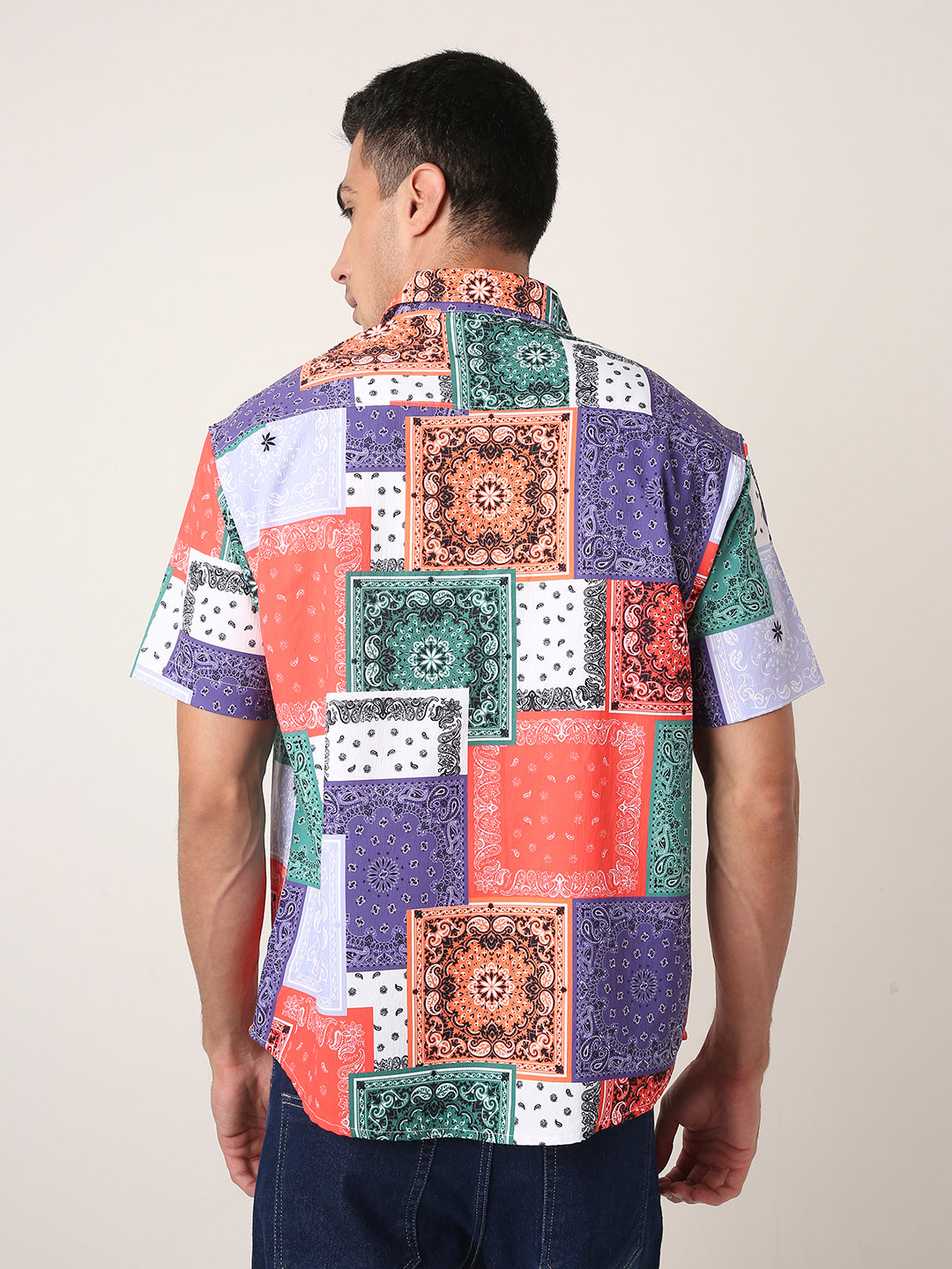 Multicolor Patch Printed Short Sleeve Casual Shirt