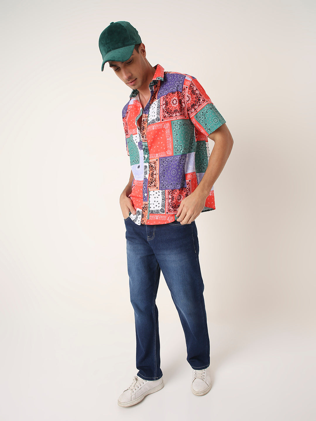 Multicolor Patch Printed Short Sleeve Casual Shirt