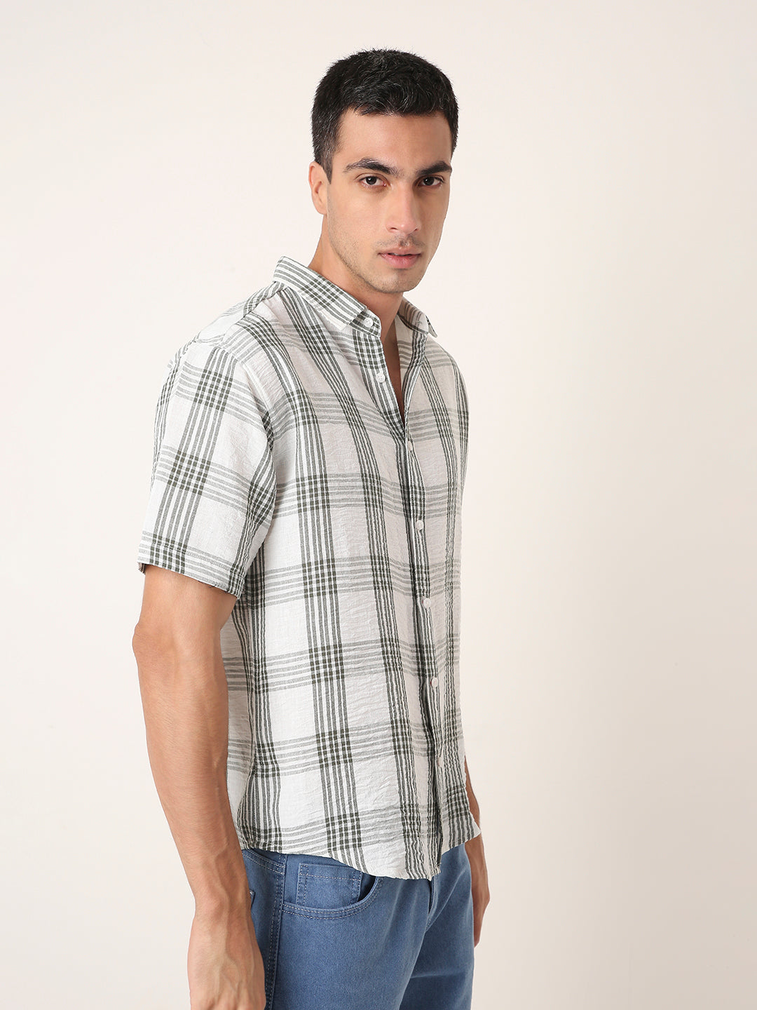 DARK GREEN Linen Blend Check Casual Shirt