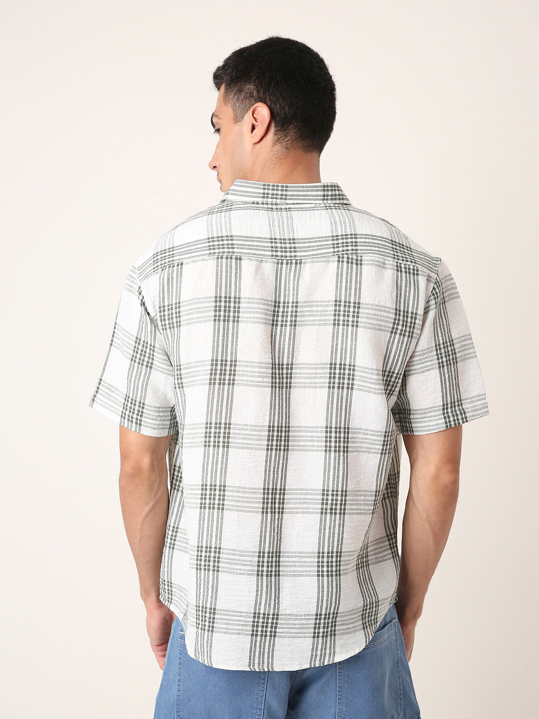 DARK GREEN Linen Blend Check Casual Shirt