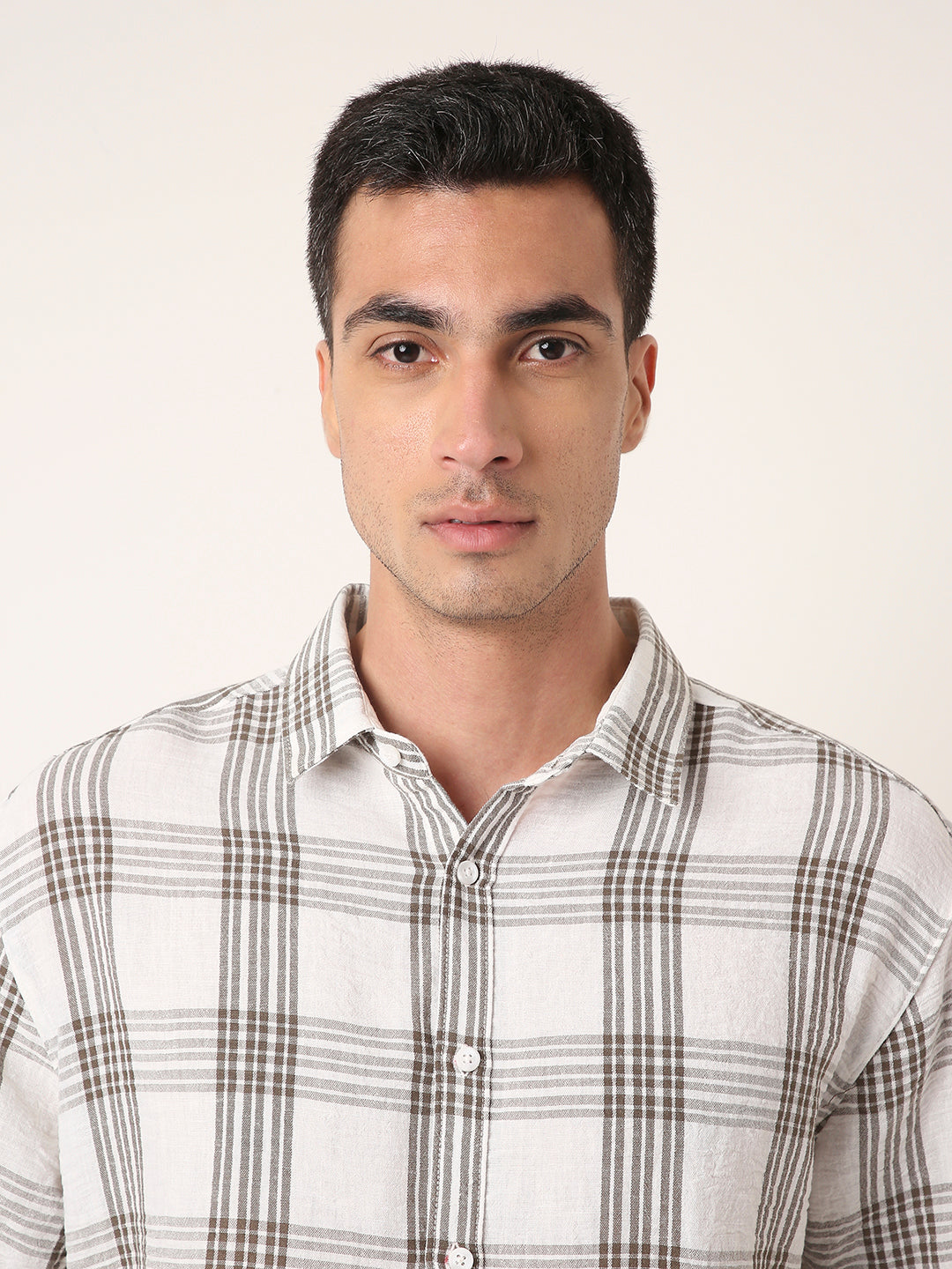 BROWN Linen Blend Check Casual Shirt