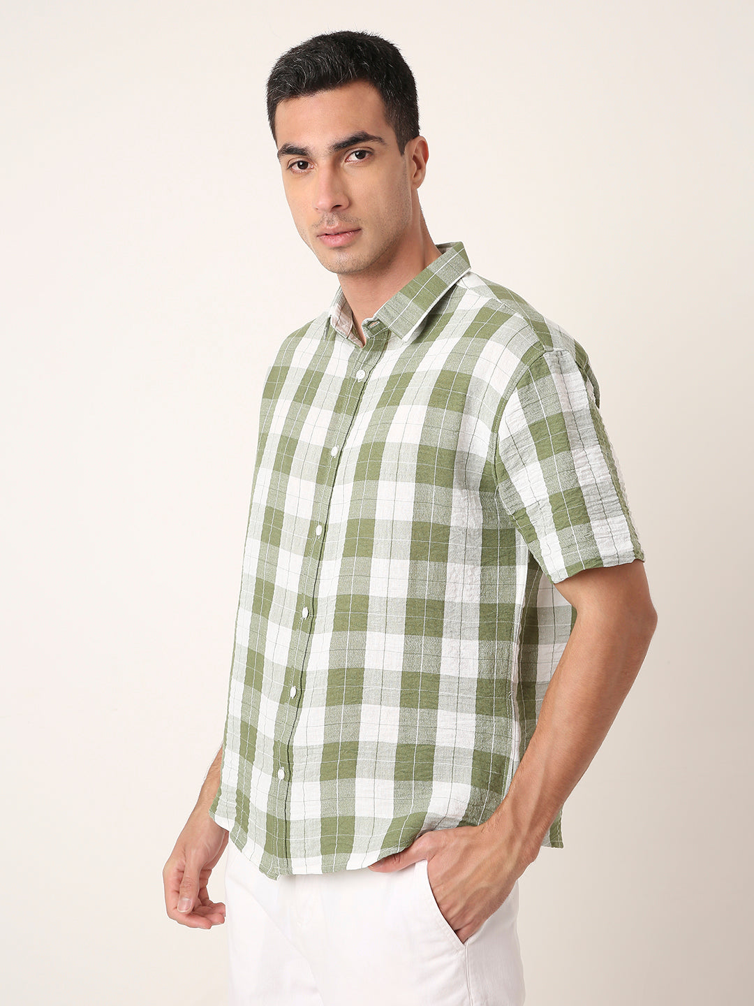 GREEN Checkered Short Sleeve Casual Shirt