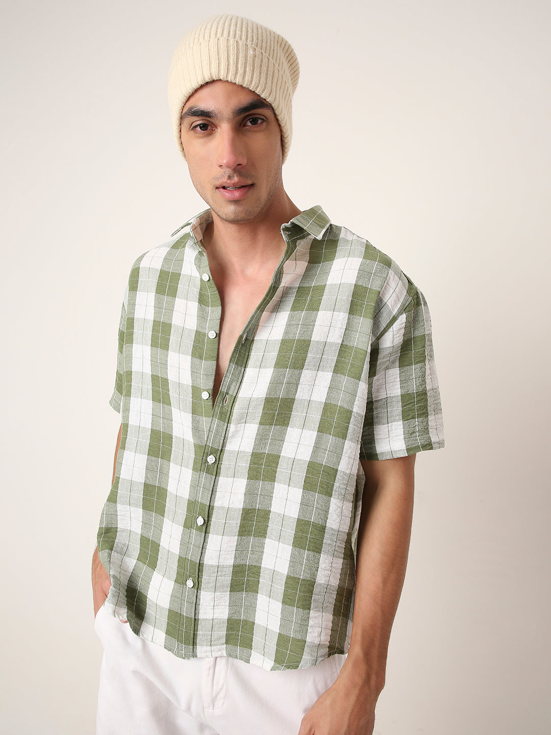GREEN Checkered Short Sleeve Casual Shirt