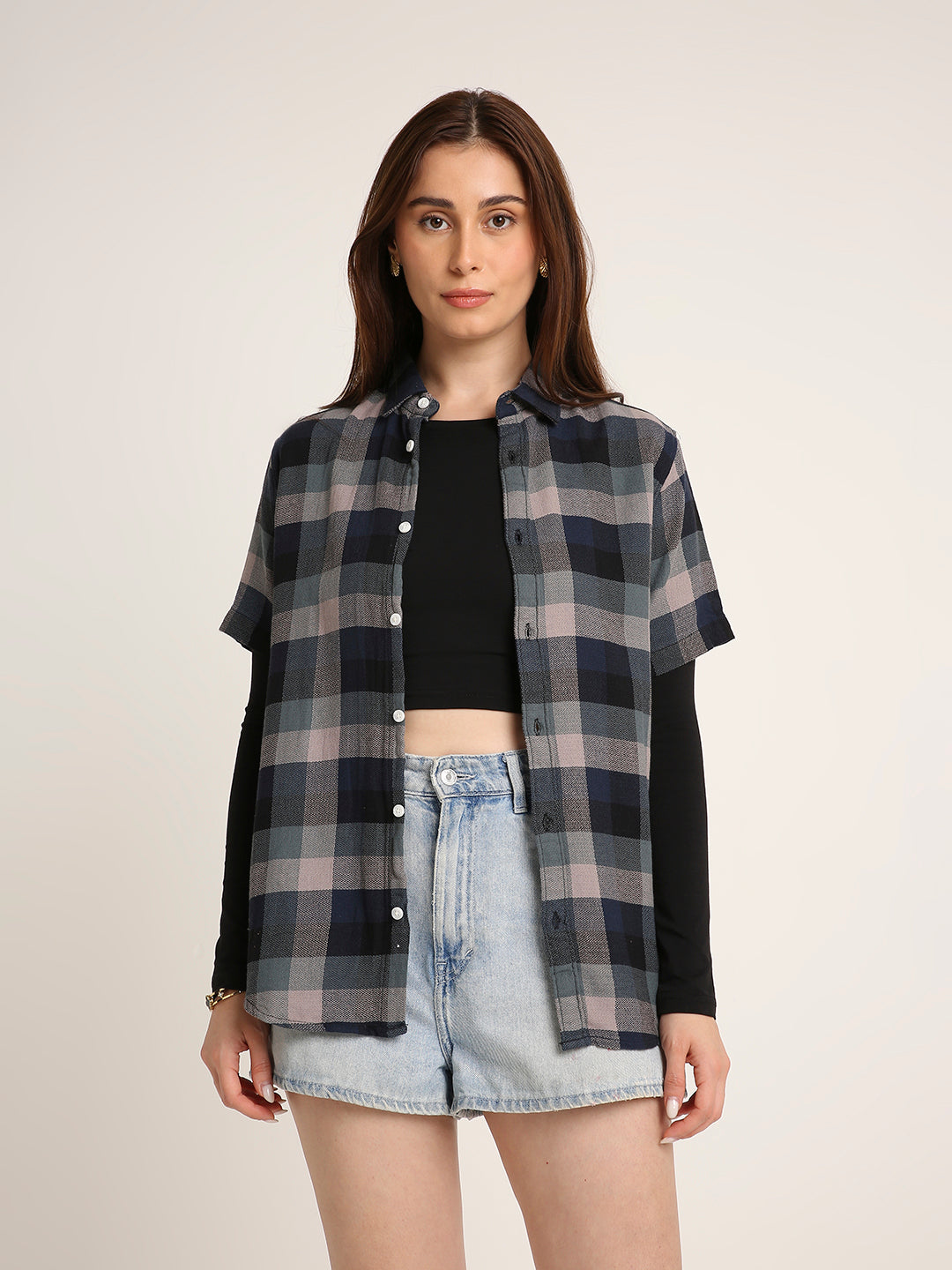 Navy Blue Checked Cotton Relaxed Fit Casual Shirt