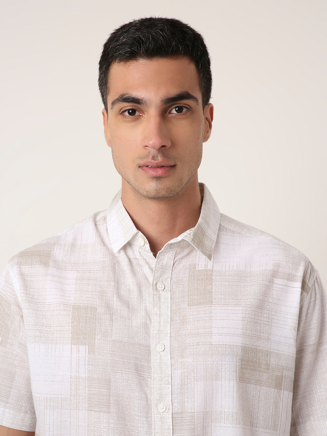 ABSTRACT KHAKI PRINTED LINEN BLEND SHIRT