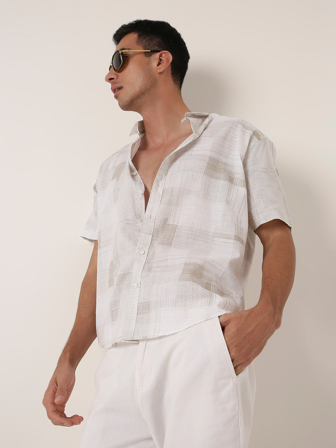 ABSTRACT KHAKI PRINTED LINEN BLEND SHIRT