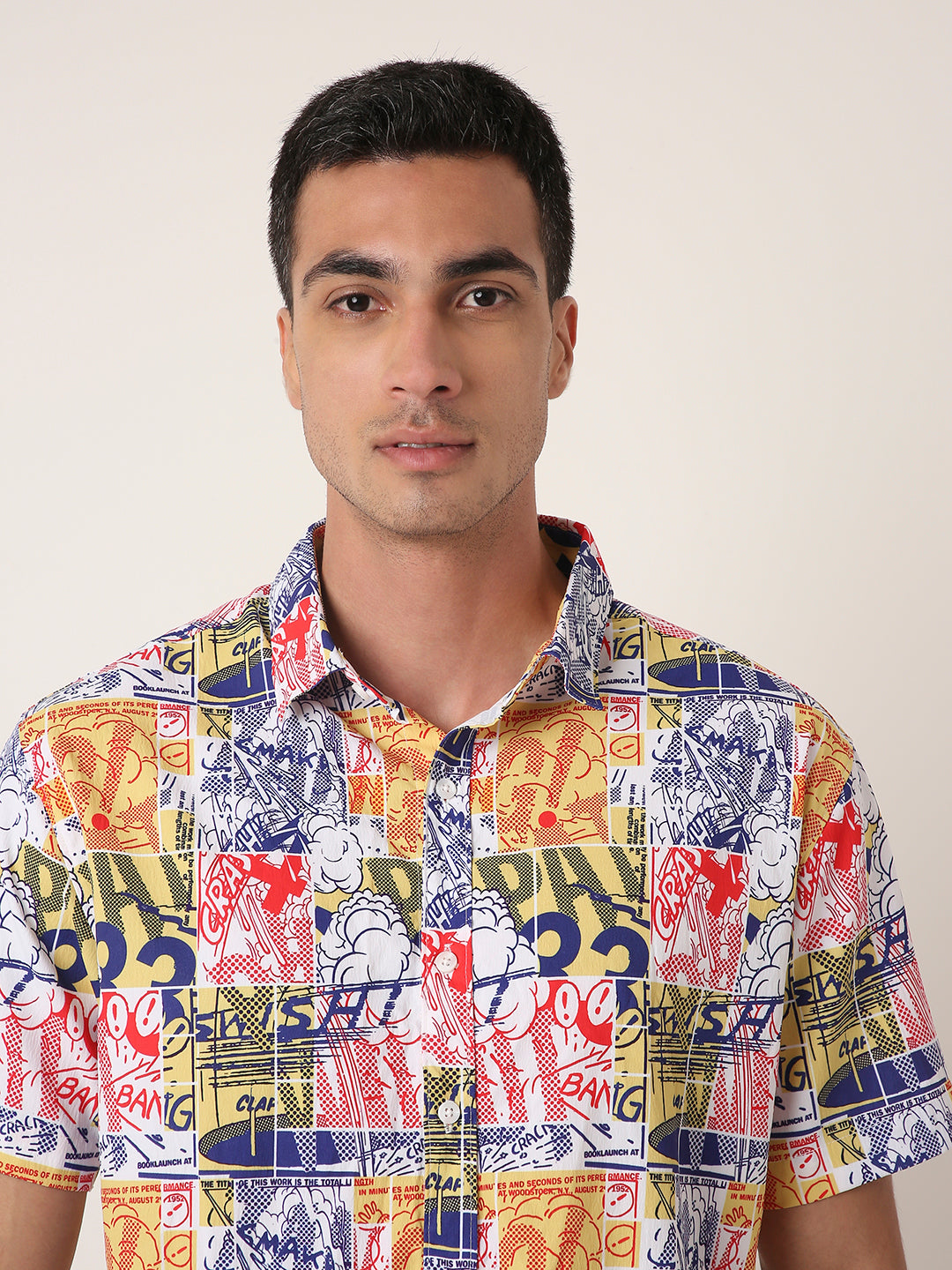 WHITE Comic Print Short Sleeve Casual Shirt