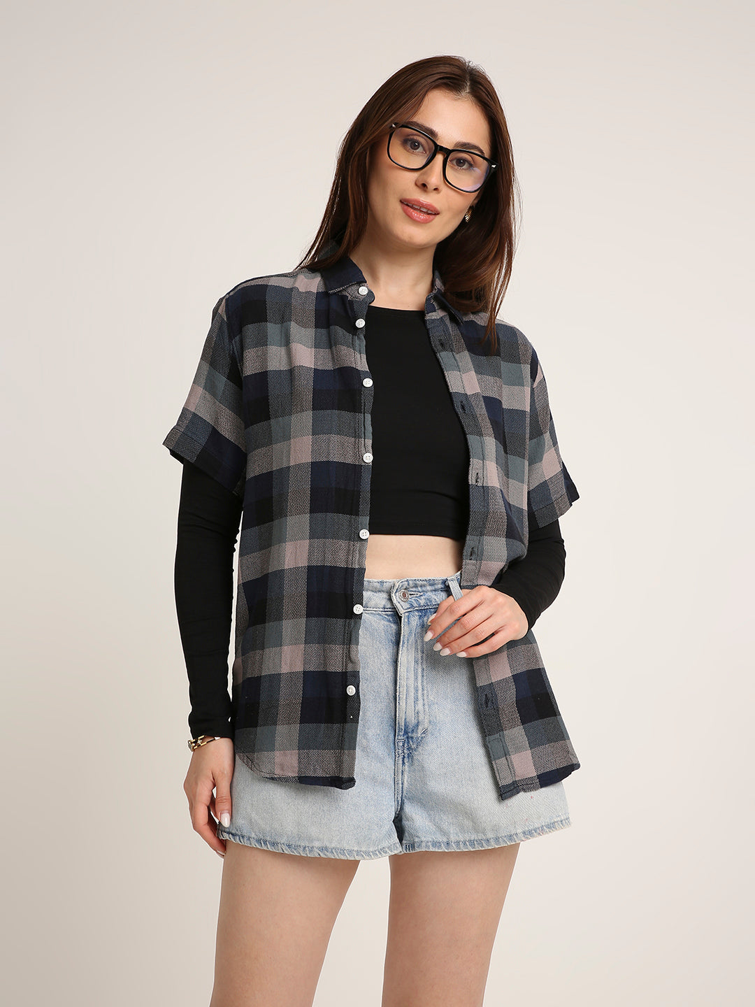 Navy Blue Checked Cotton Relaxed Fit Casual Shirt