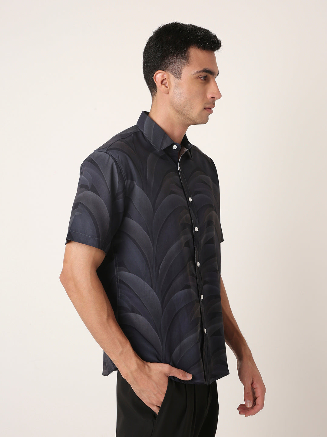 Black Leaf Print Short Sleeve Casual Shirt