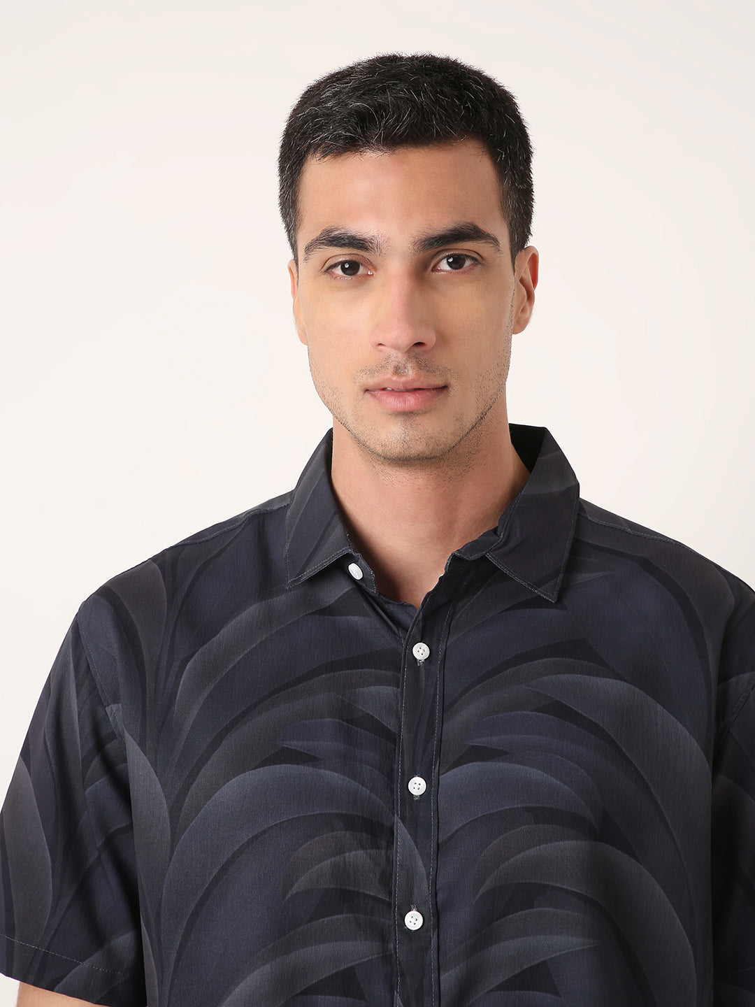 Black Leaf Print Short Sleeve Casual Shirt