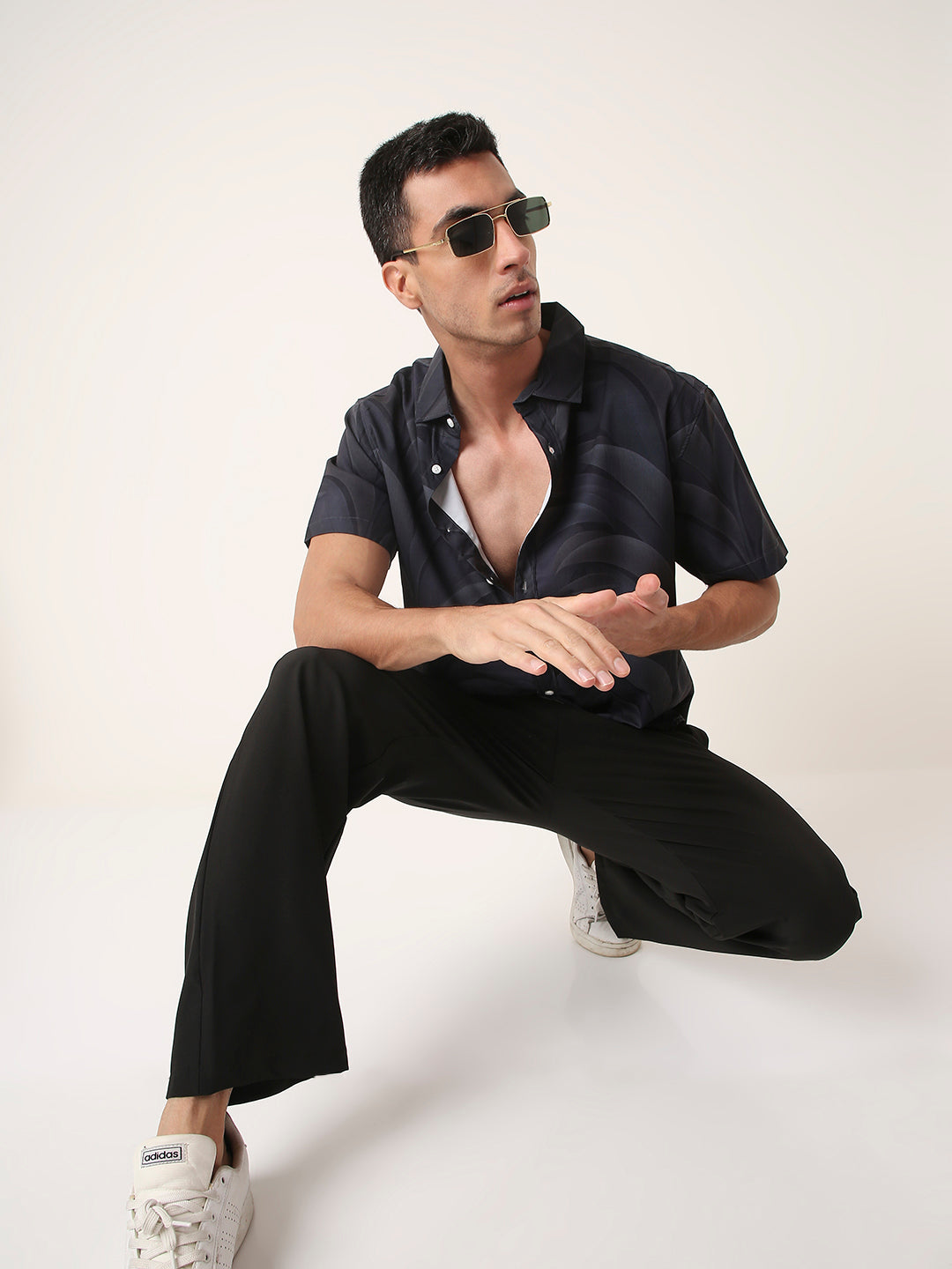 Black Leaf Print Short Sleeve Casual Shirt