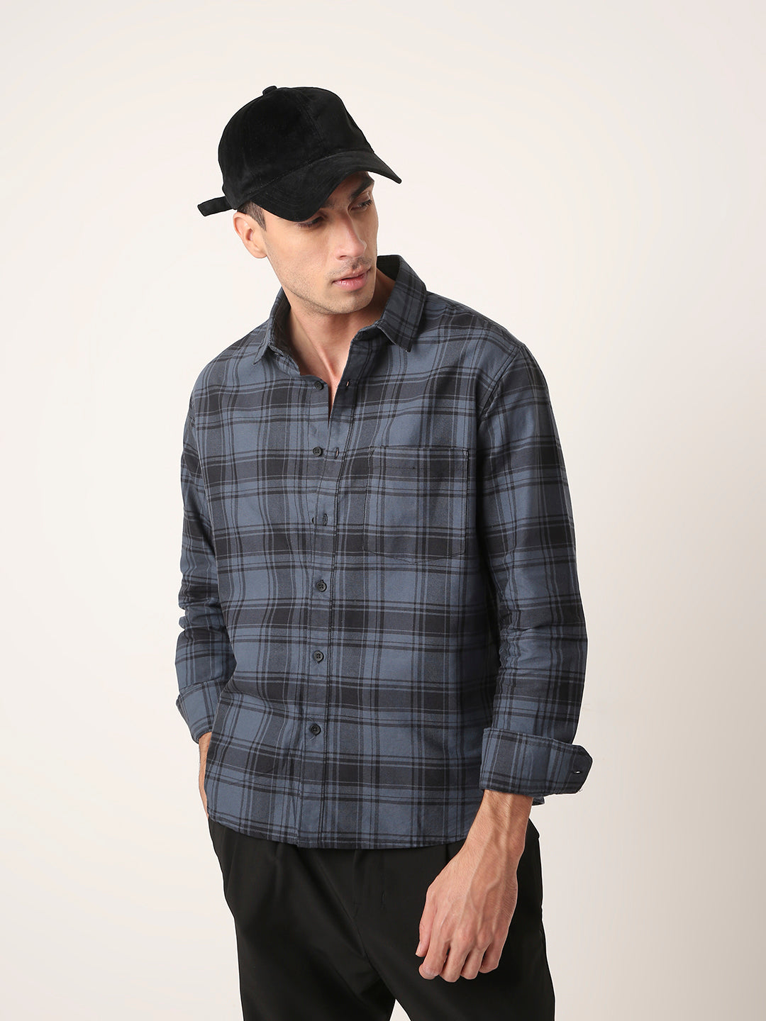 BLUE Oxford Pure Cotton Checked Casual Shirt