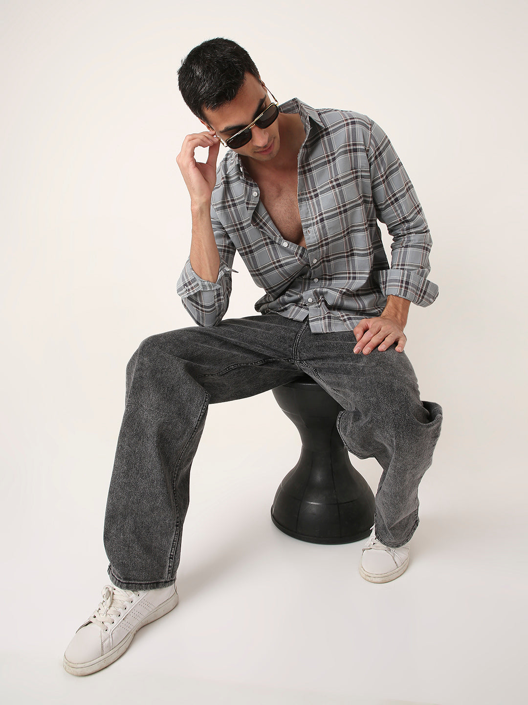 light grey Textured Cotton Checked Shirt