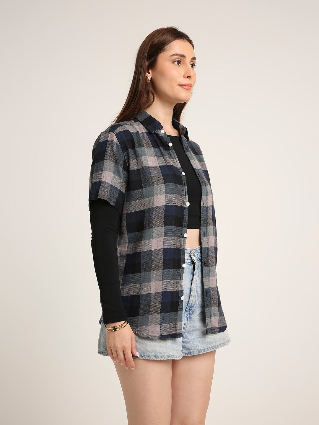 Navy Blue Checked Cotton Relaxed Fit Casual Shirt
