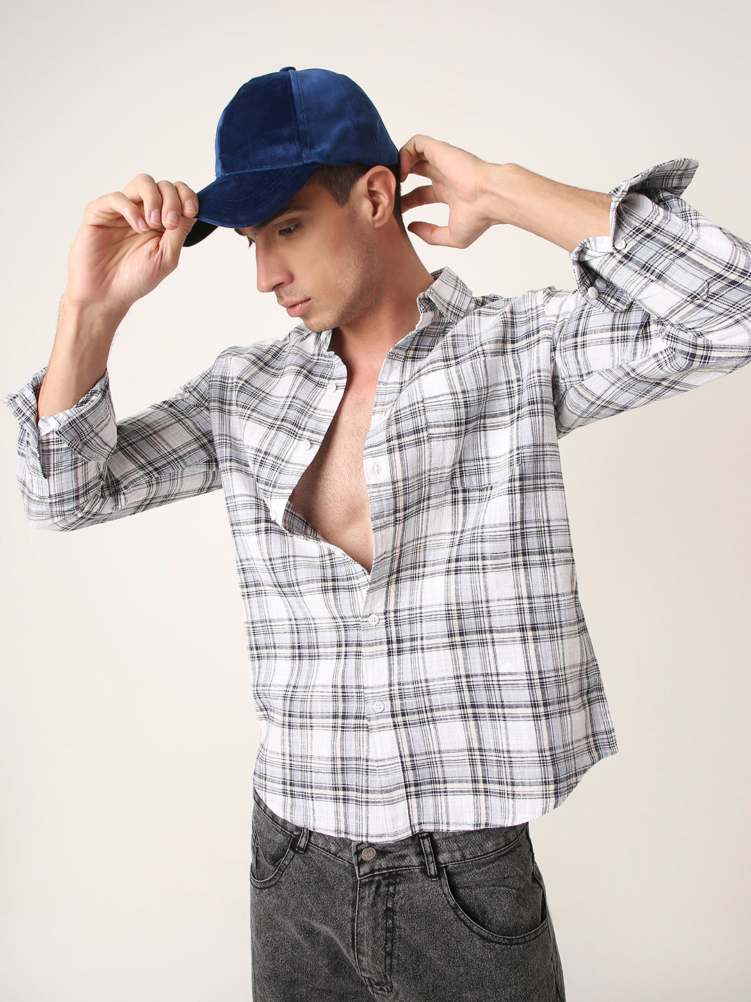 WHITE Checked Shirt Casual Style