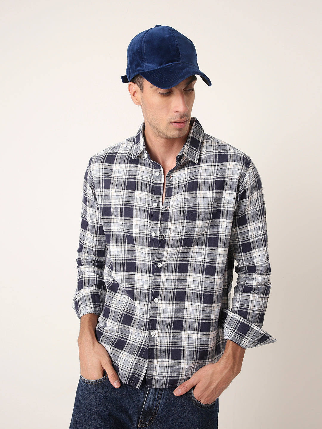 Navy Checked Shirt Casual Style