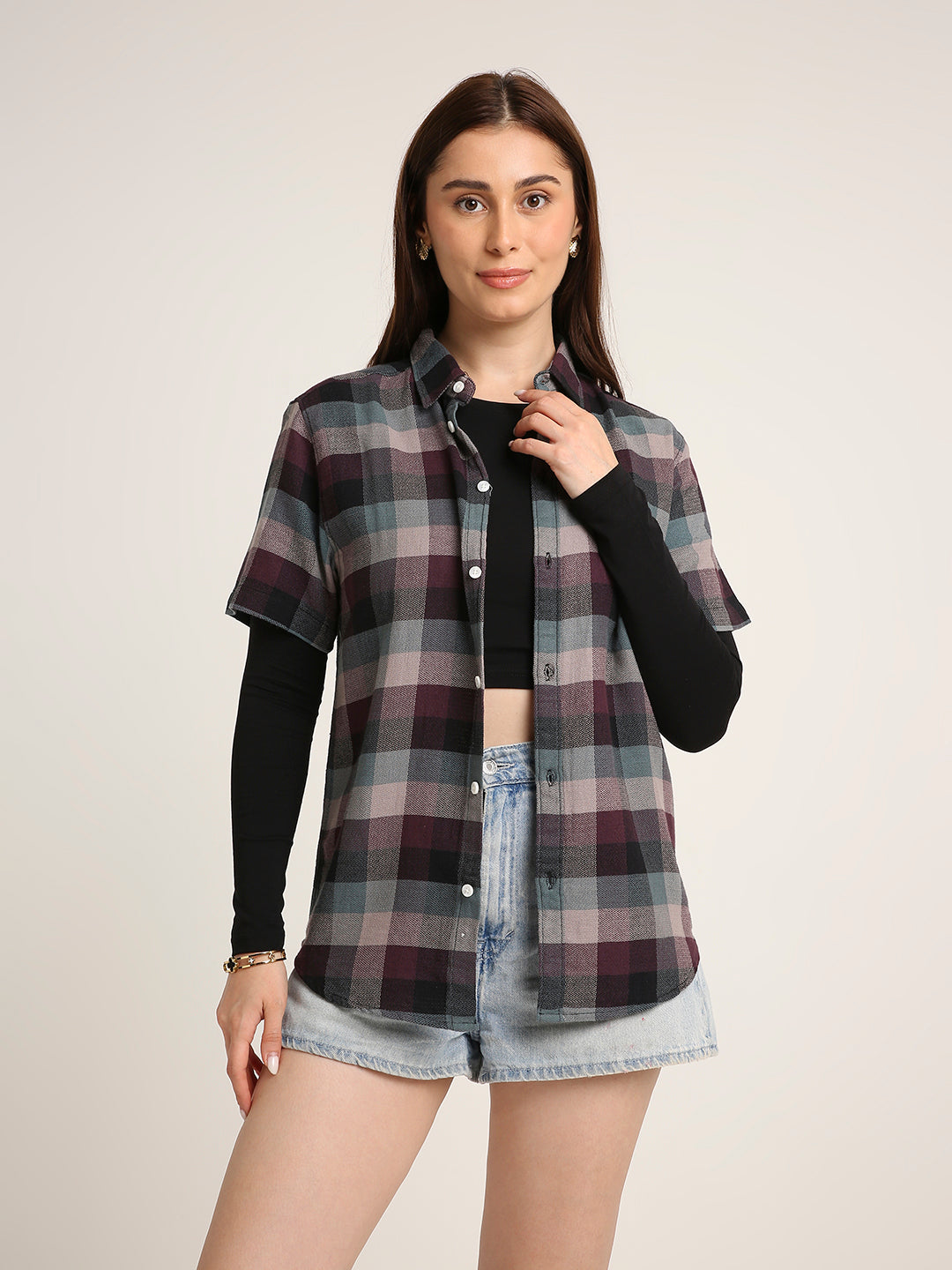 Maroon Checked Cotton Relaxed Fit Casual Shirt