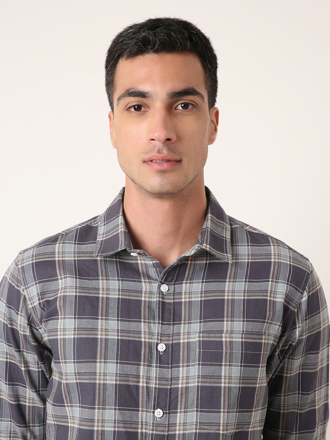 Dark grey textured Cotton Checked Shirt