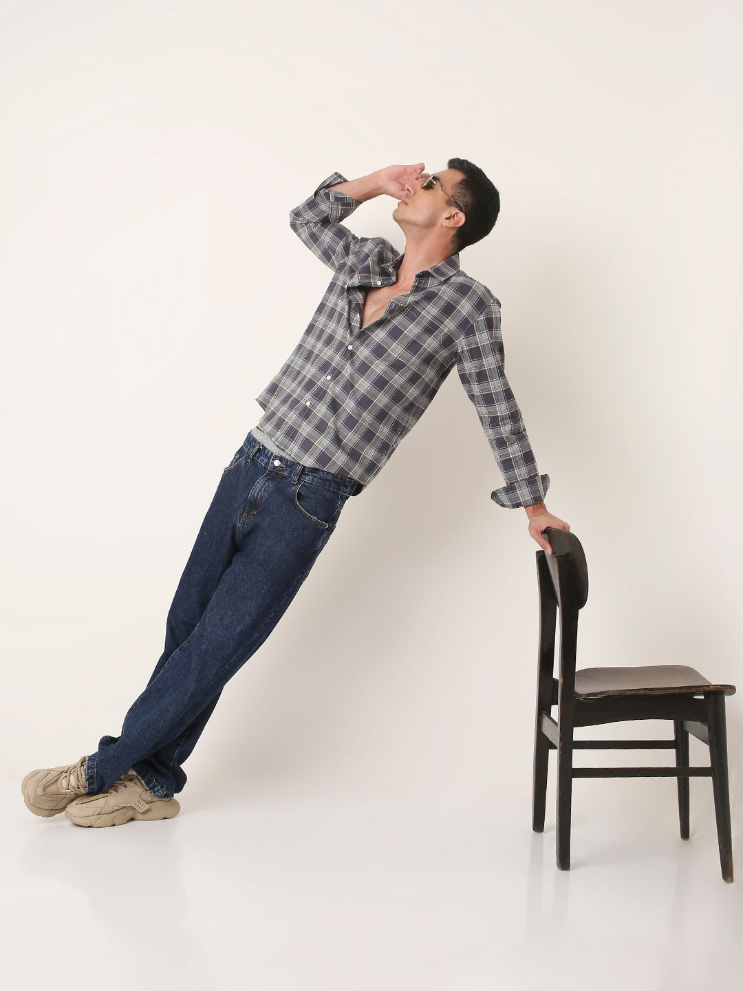 Dark grey textured Cotton Checked Shirt