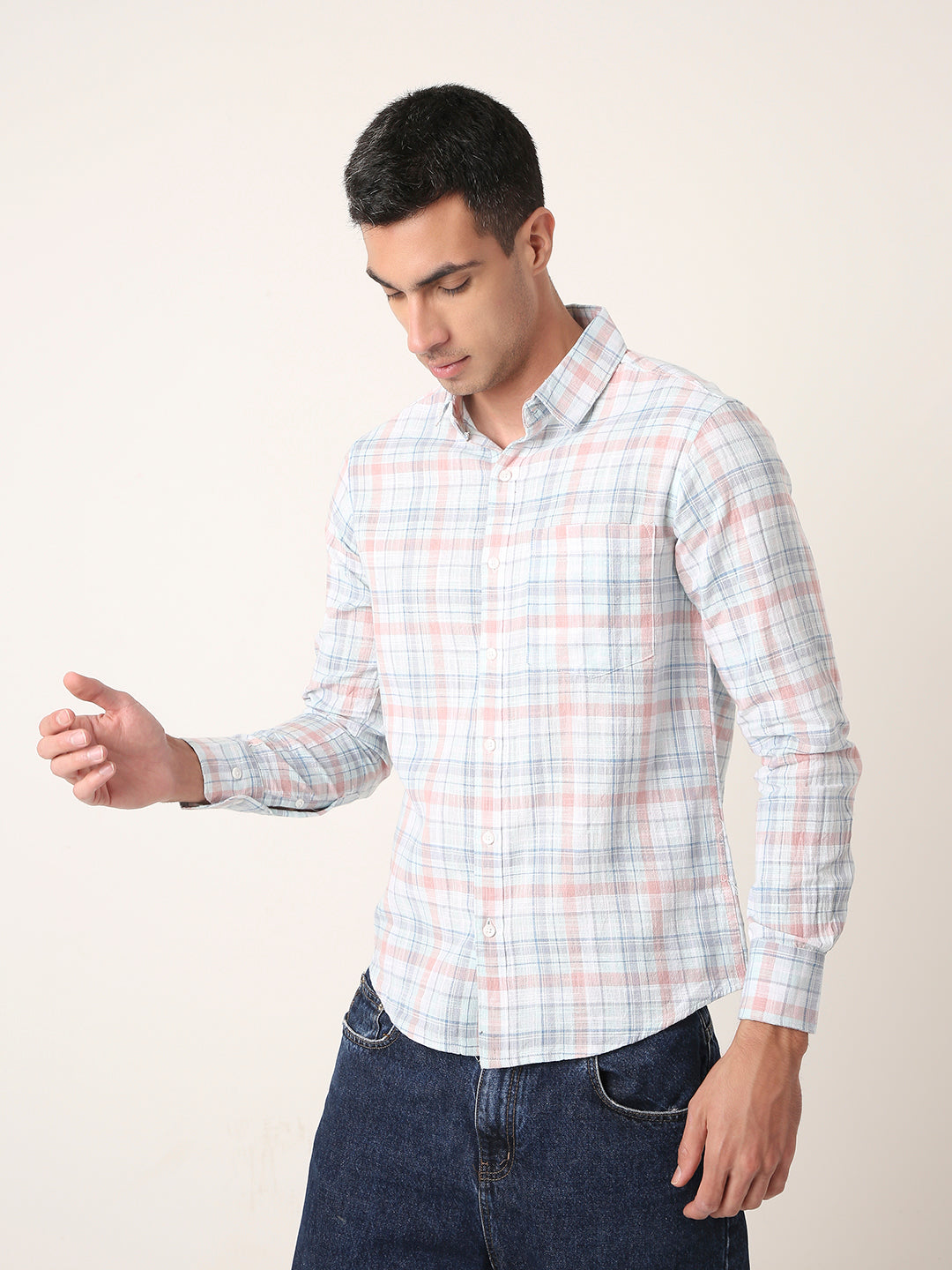 BLUE Cotton Checkered Casual Shirt