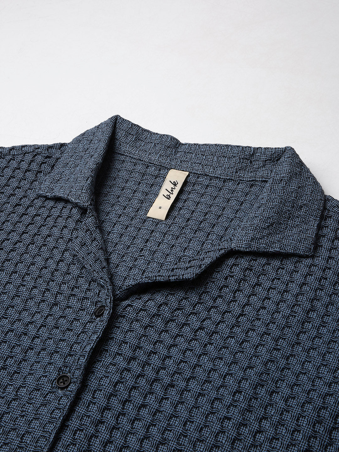 BLUE TEXTURED CROPPED SHIRT