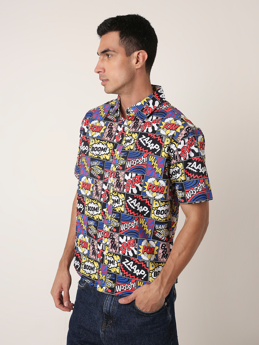 BLACK Comic Print Short Sleeve Casual Shirt