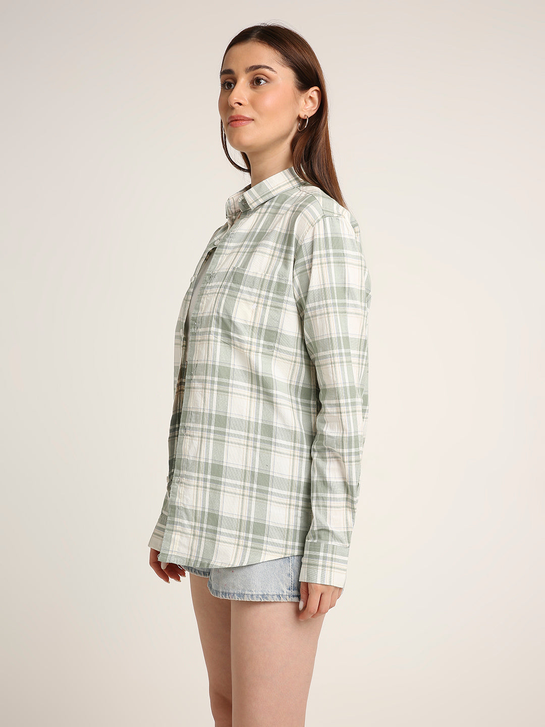 Green Checked Cotton Relaxed Fit Casual Shirt