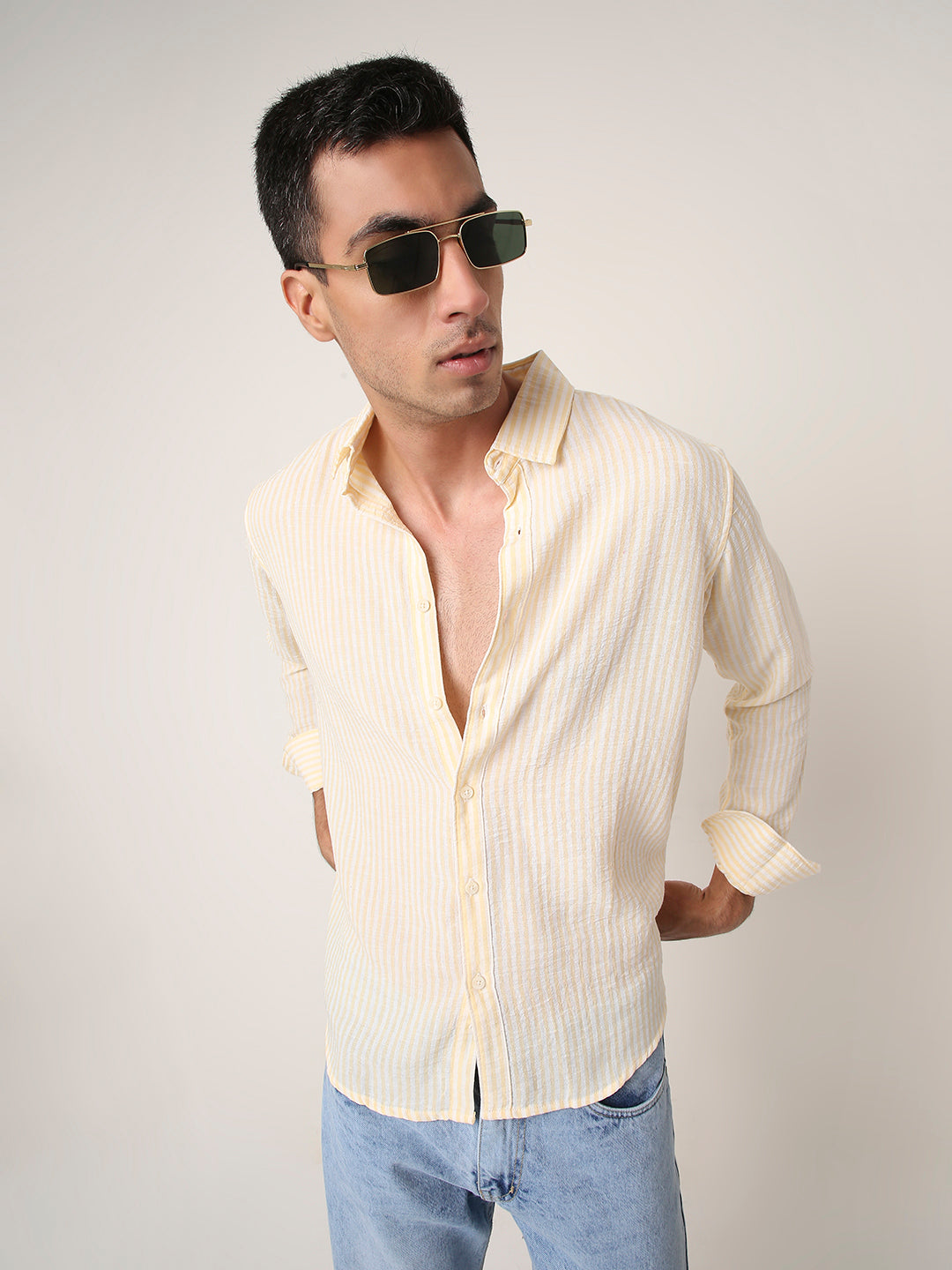 yellow Vertical Striped Casual Shirt
