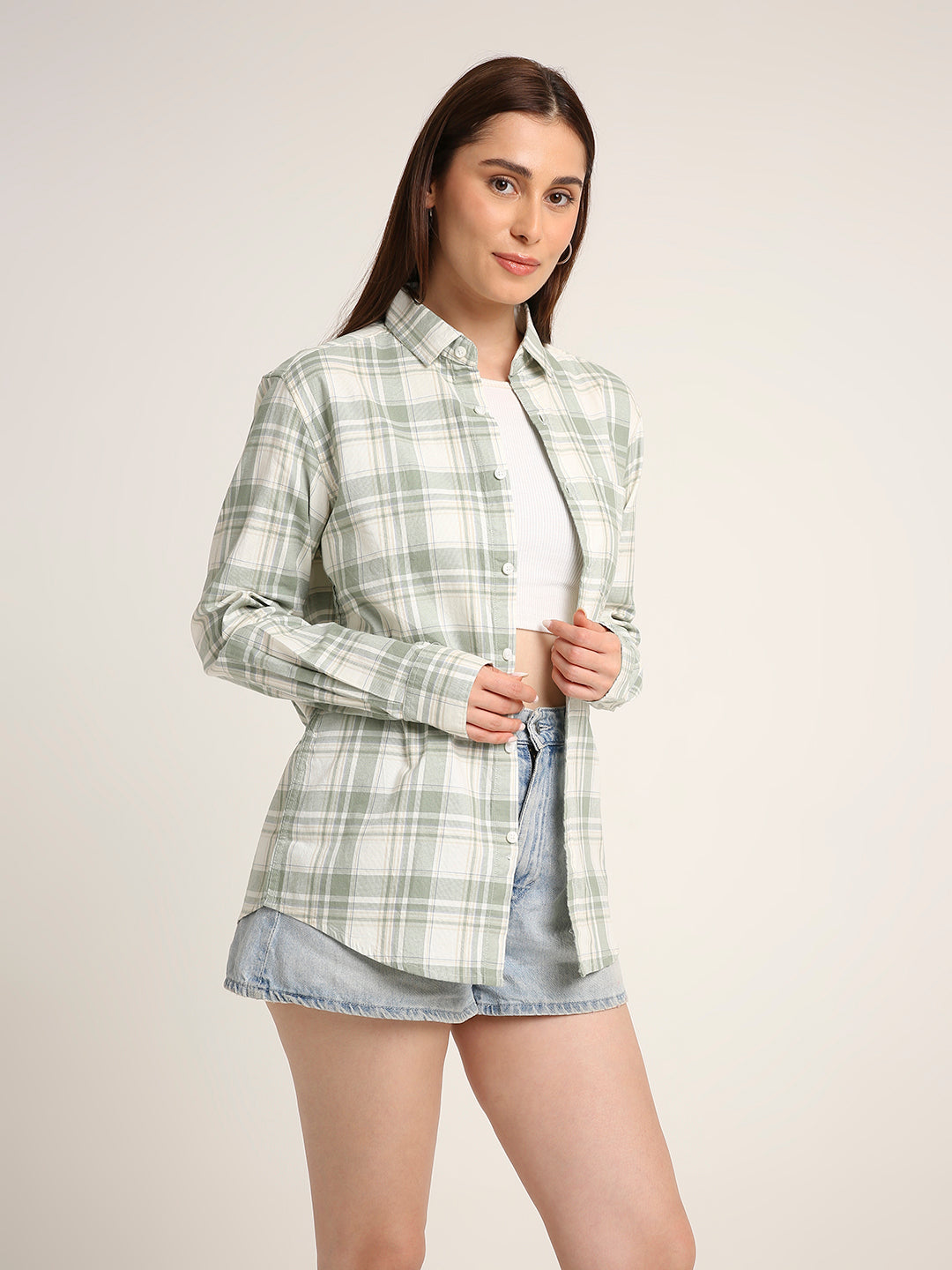 Green Checked Cotton Relaxed Fit Casual Shirt
