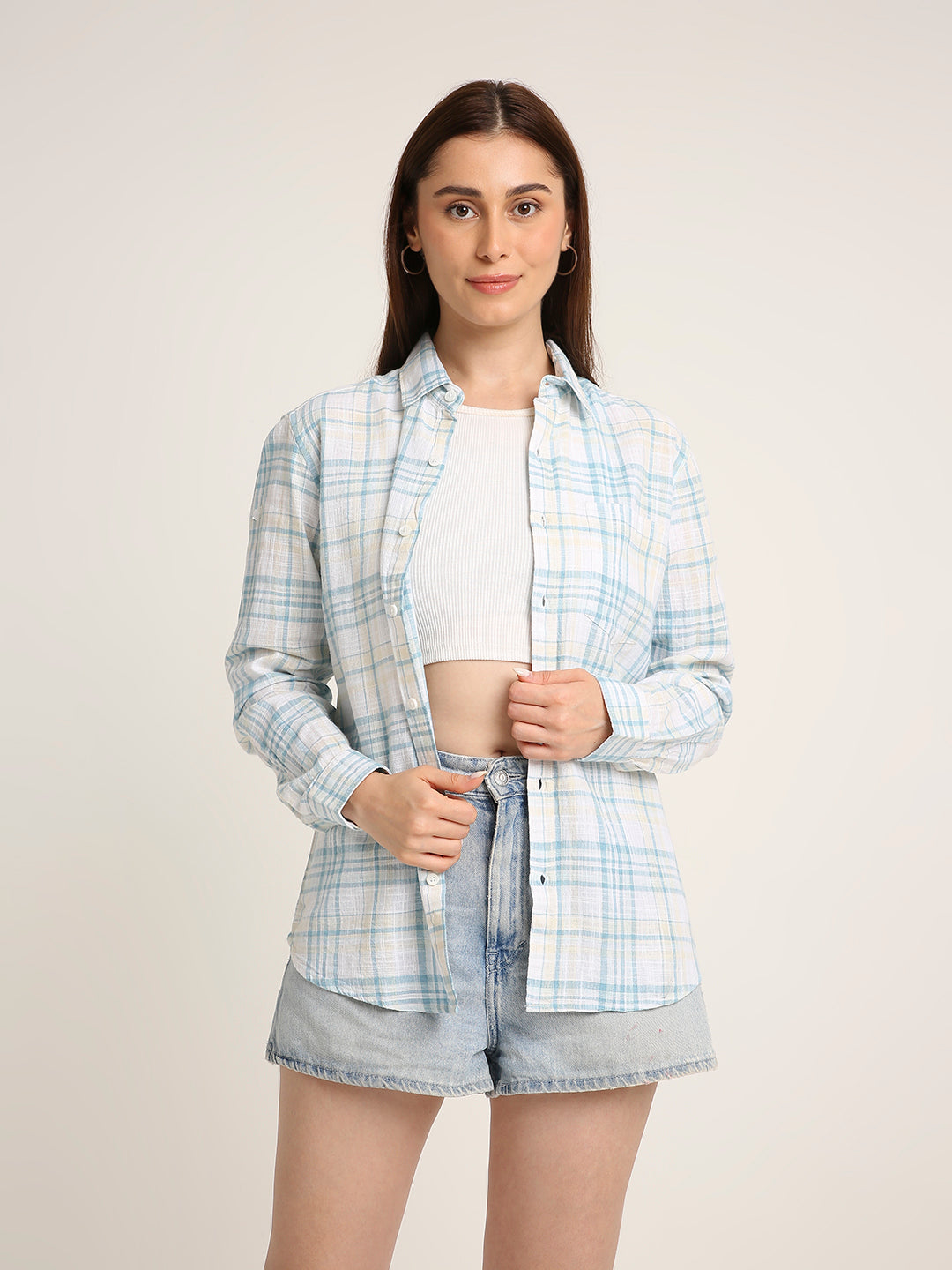 Blue Checked Cotton Relaxed Fit Casual Shirt