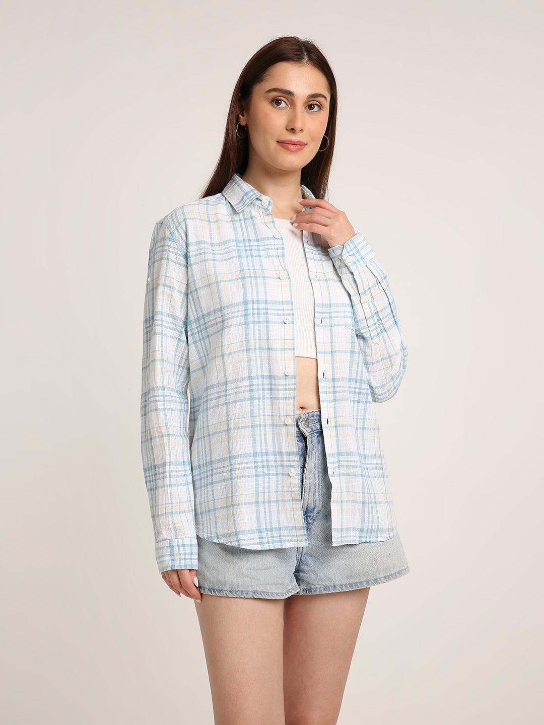 Blue Checked Cotton Relaxed Fit Casual Shirt