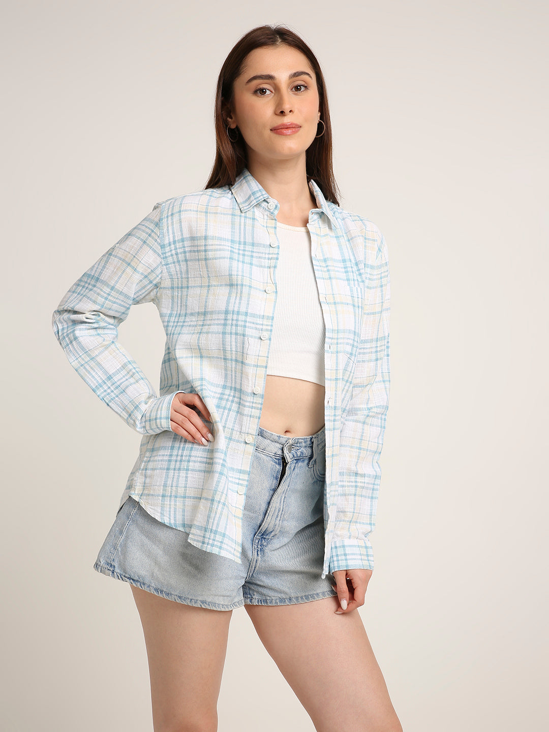 Blue Checked Cotton Relaxed Fit Casual Shirt