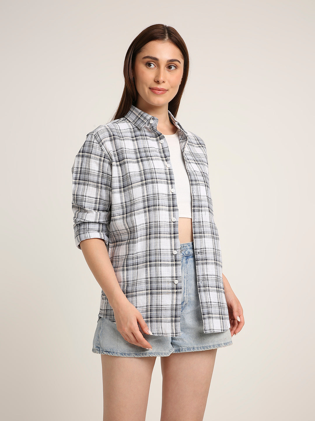 White Checked Cotton Casual Shirt