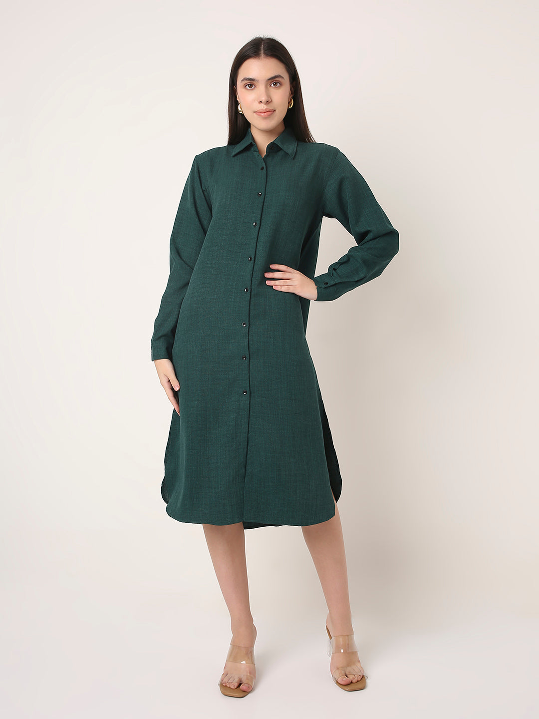 Textured Solid Long Shirt Dress