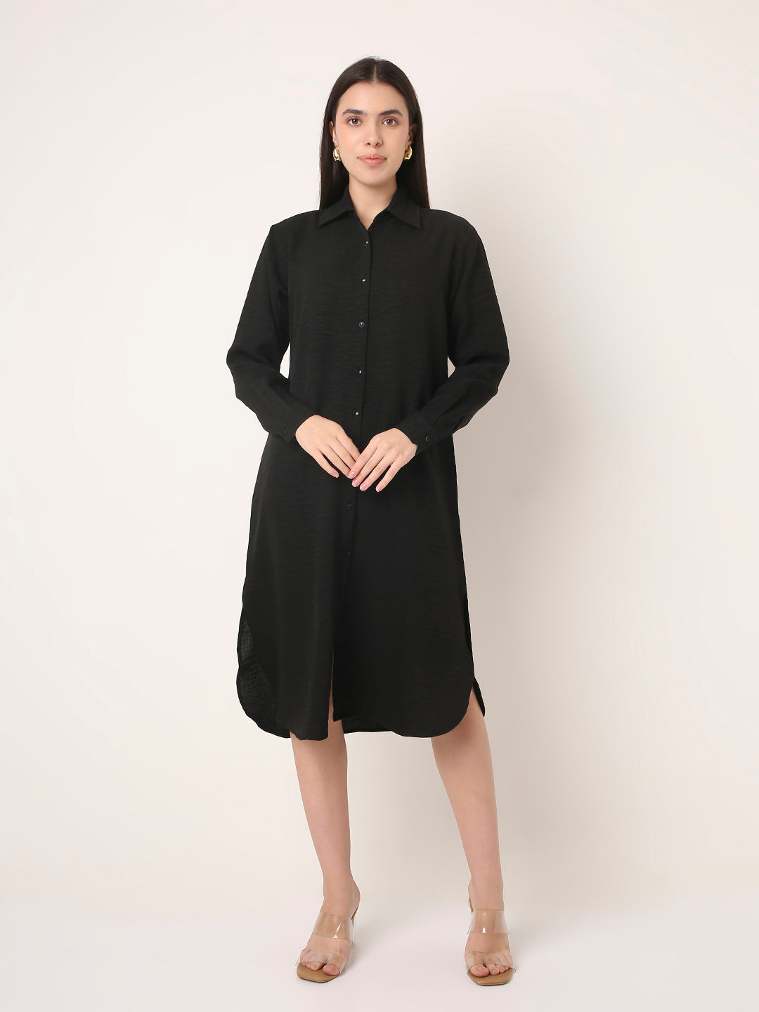 Textured Solid Long Shirt Dress