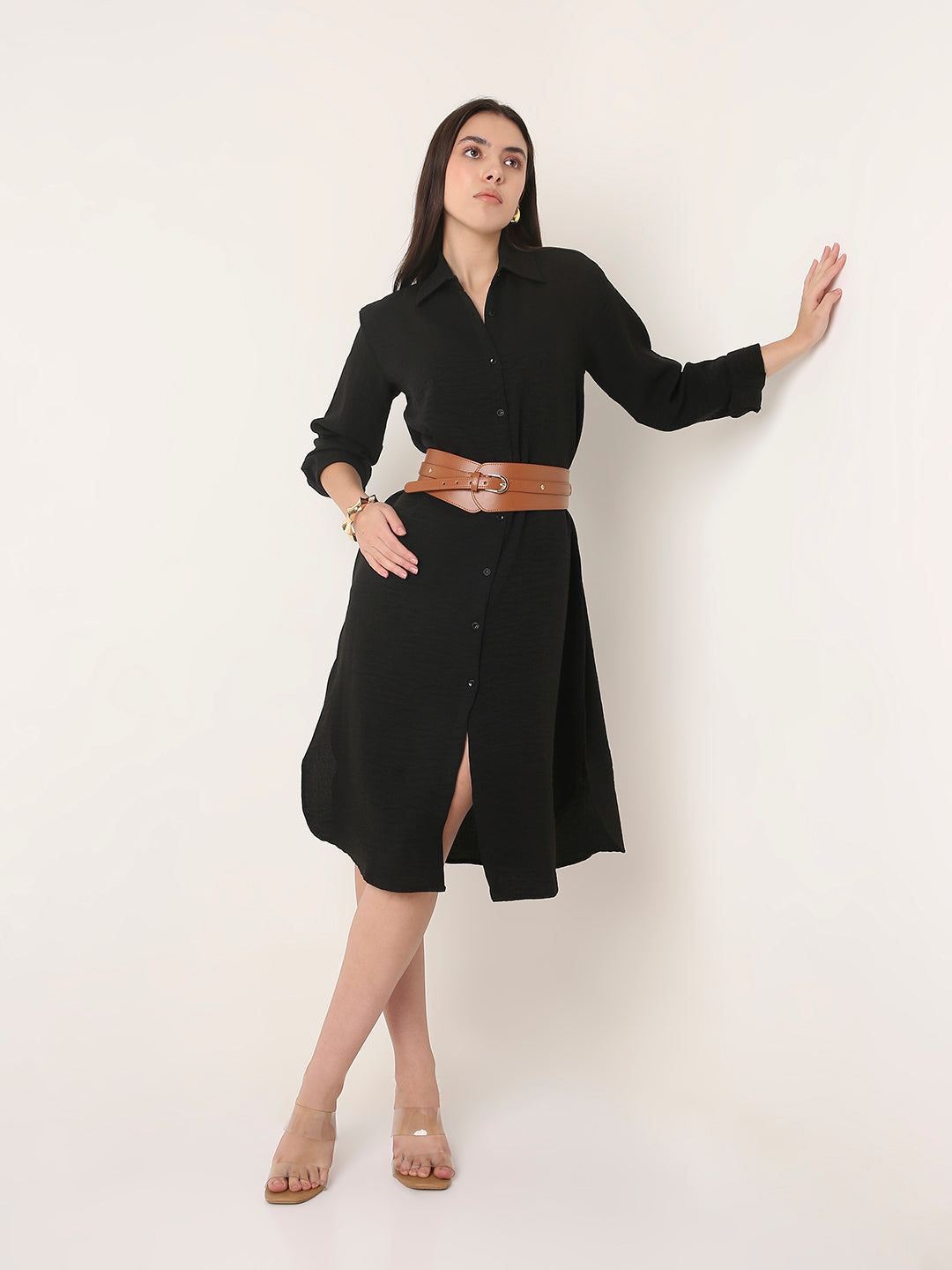 Textured Solid Long Shirt Dress