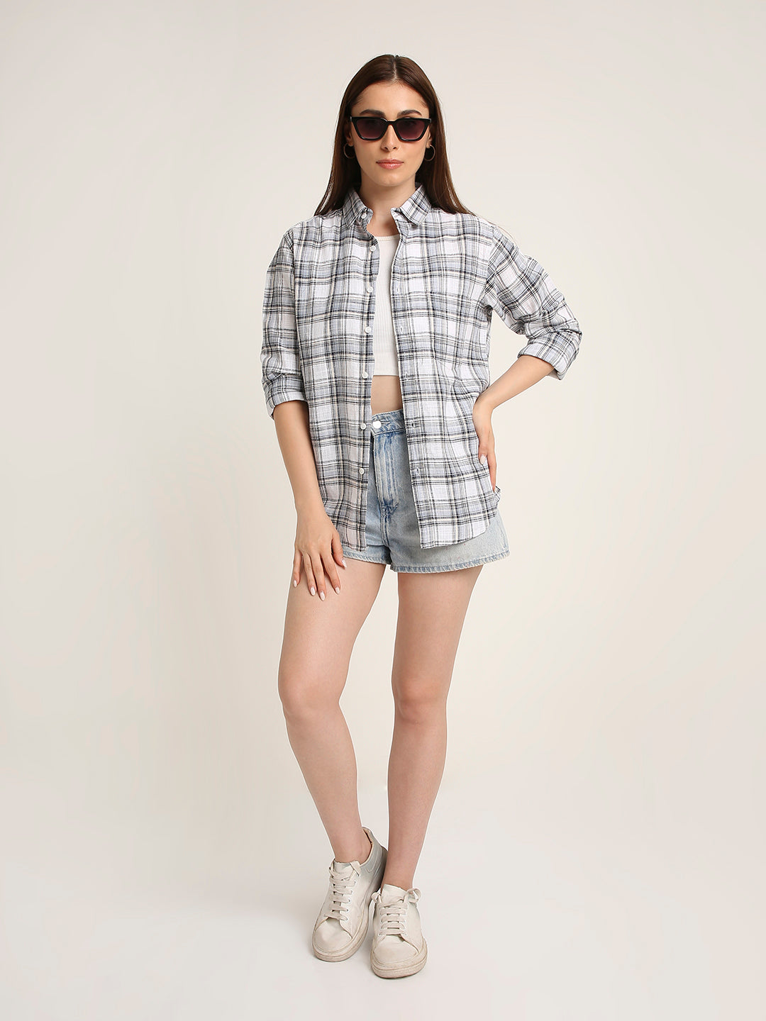 White Checked Cotton Casual Shirt