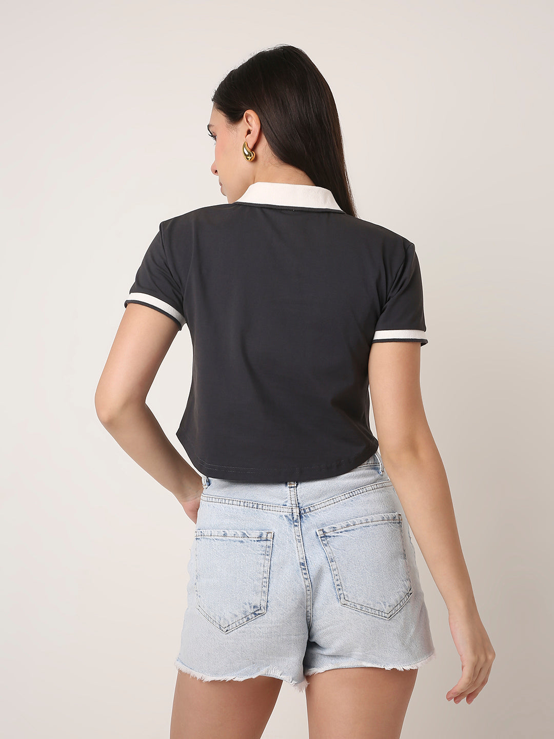 Charcoal grey Contrast Collar Crop Polo