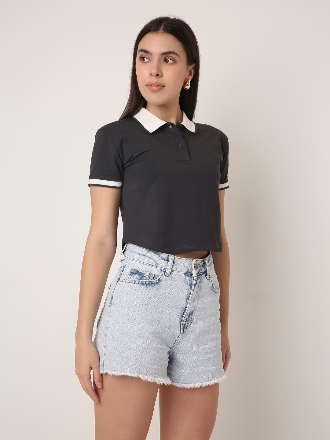 Charcoal grey Contrast Collar Crop Polo