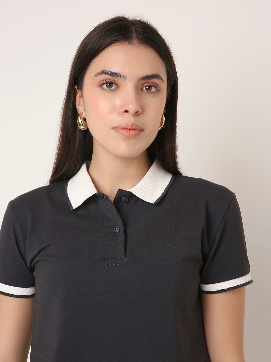 Charcoal grey Contrast Collar Crop Polo