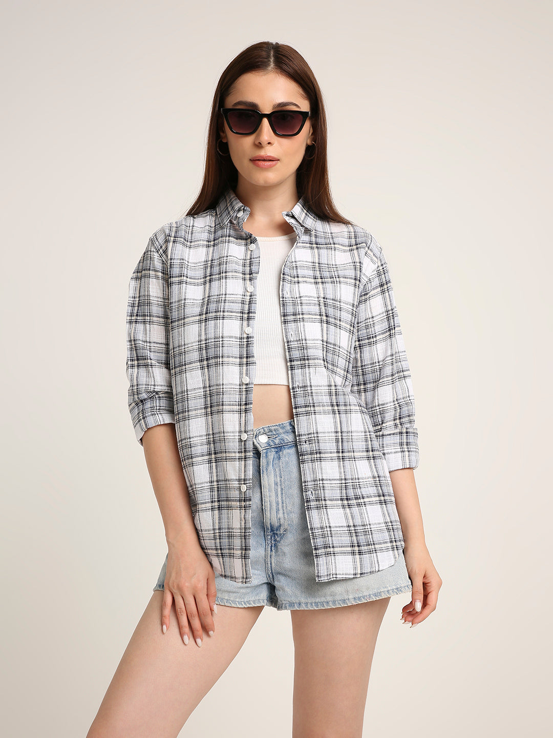 White Checked Cotton Casual Shirt