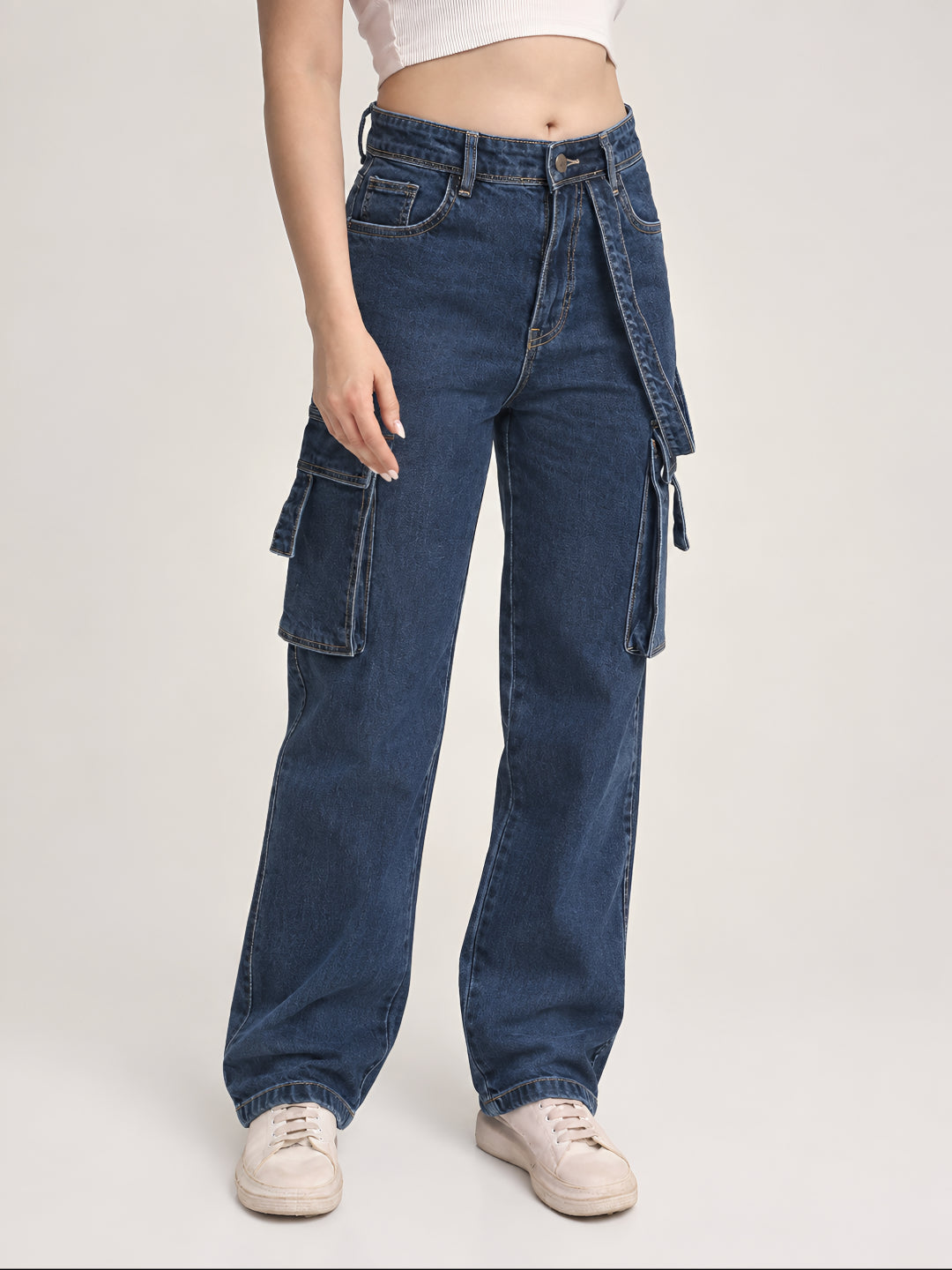Dark Blue Straight Fit Cargo Denim