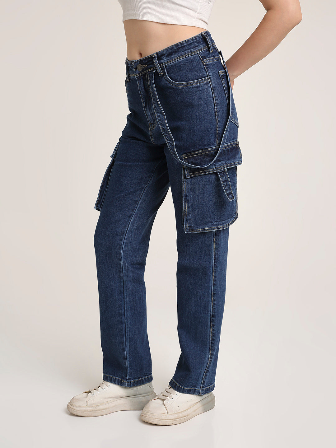 Dark Blue Straight Fit Cargo Denim
