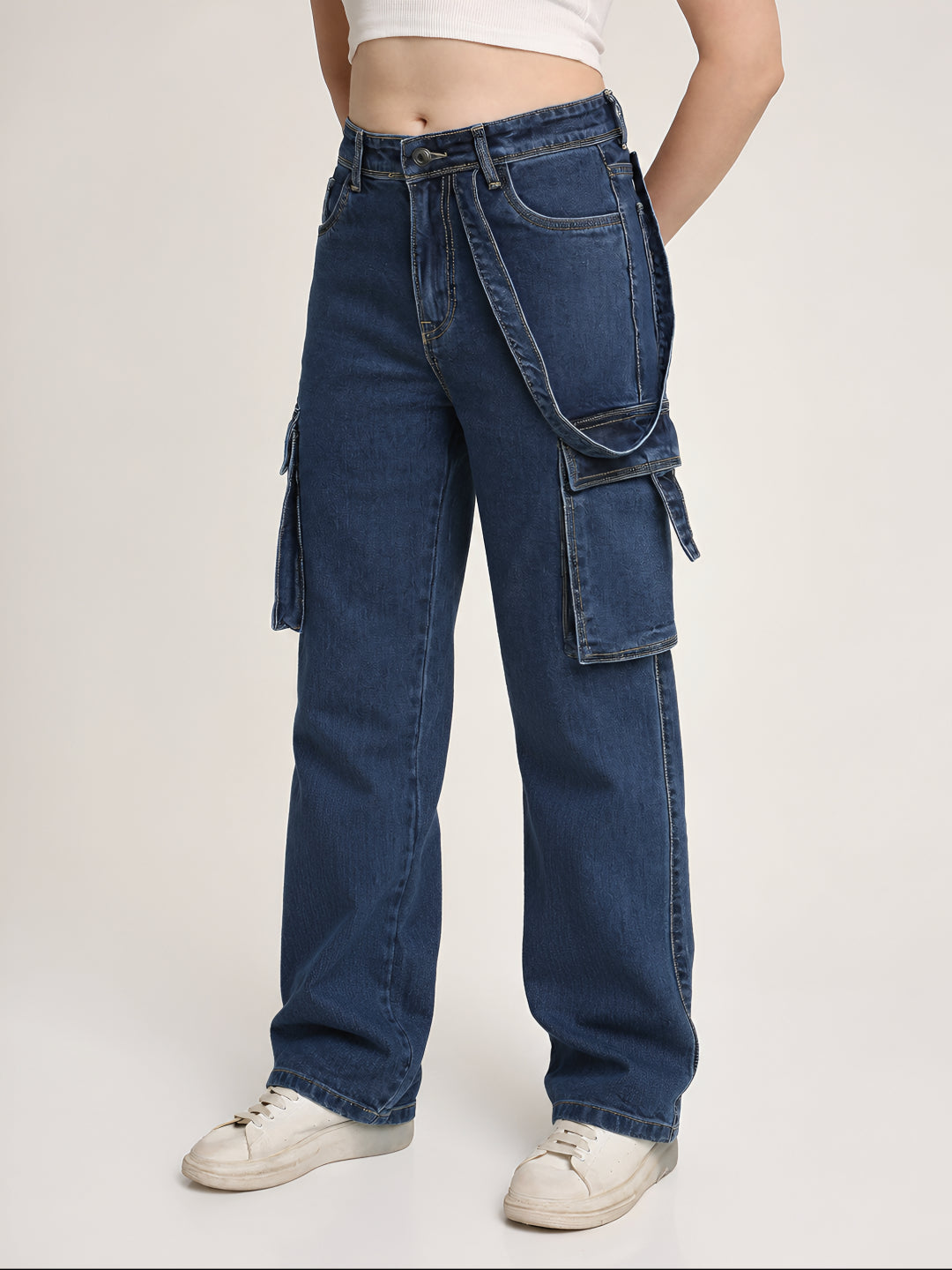 Dark Blue Straight Fit Cargo Denim