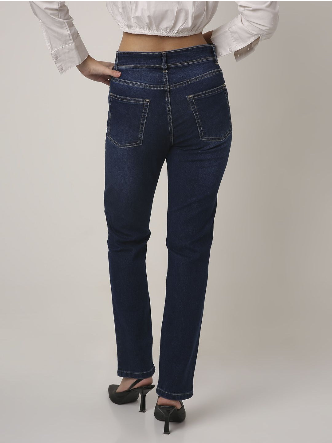 Dark Blue High-Waist Straight Slim Jeans
