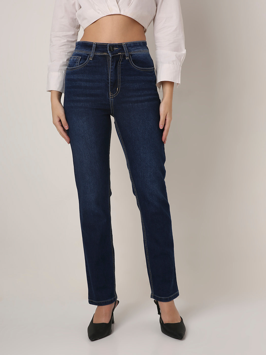 Dark Blue High-Waist Straight Slim Jeans