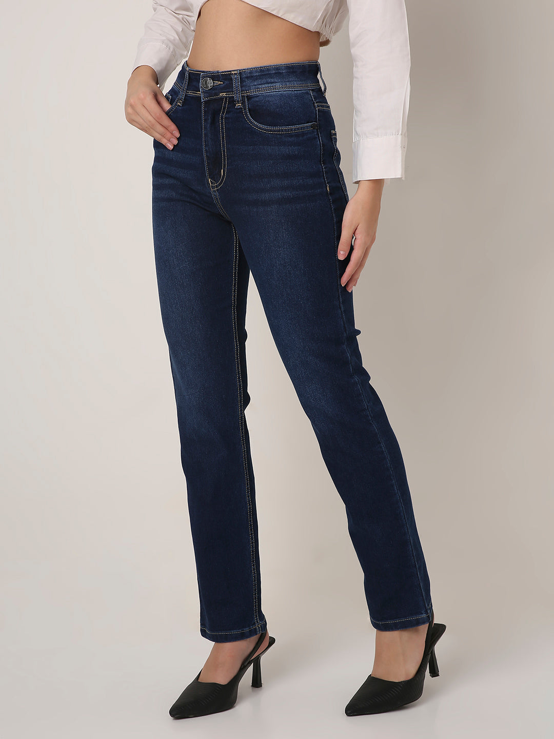Dark Blue High-Waist Straight Slim Jeans