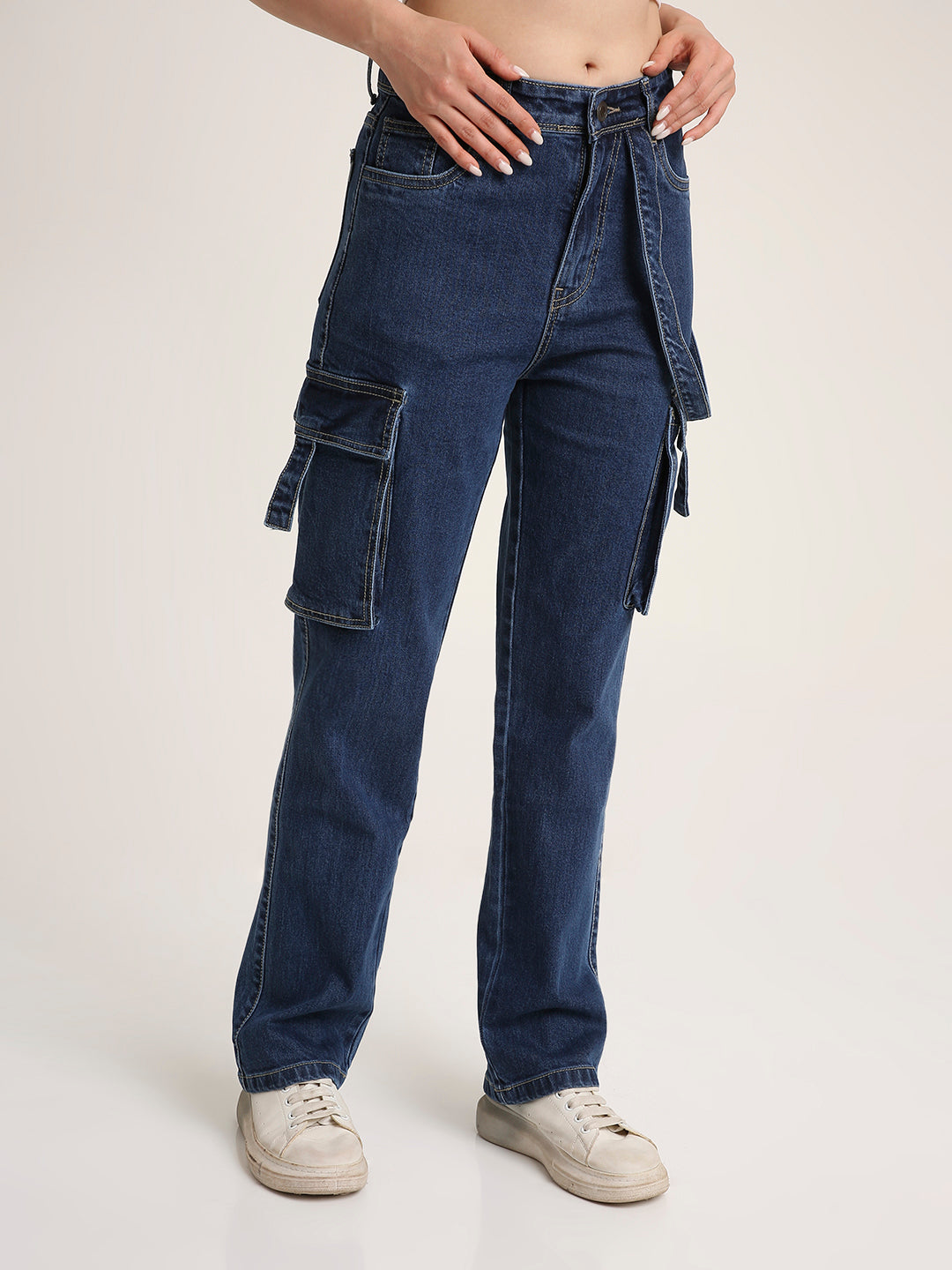 Dark Blue Straight Fit Cargo Denim