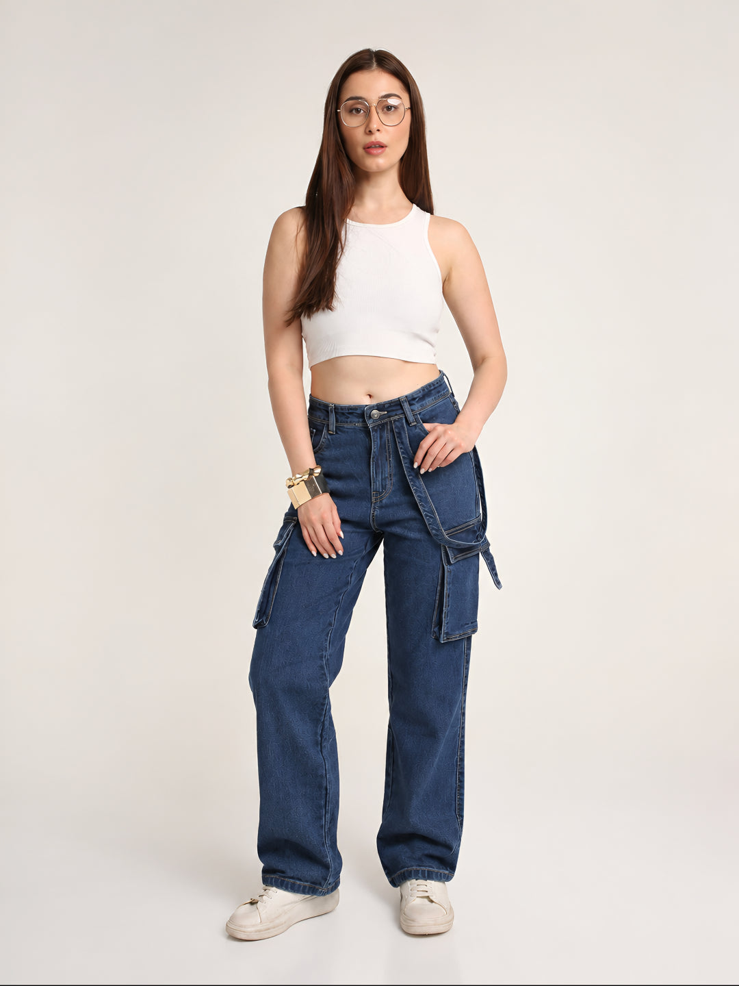 Dark Blue Straight Fit Cargo Denim